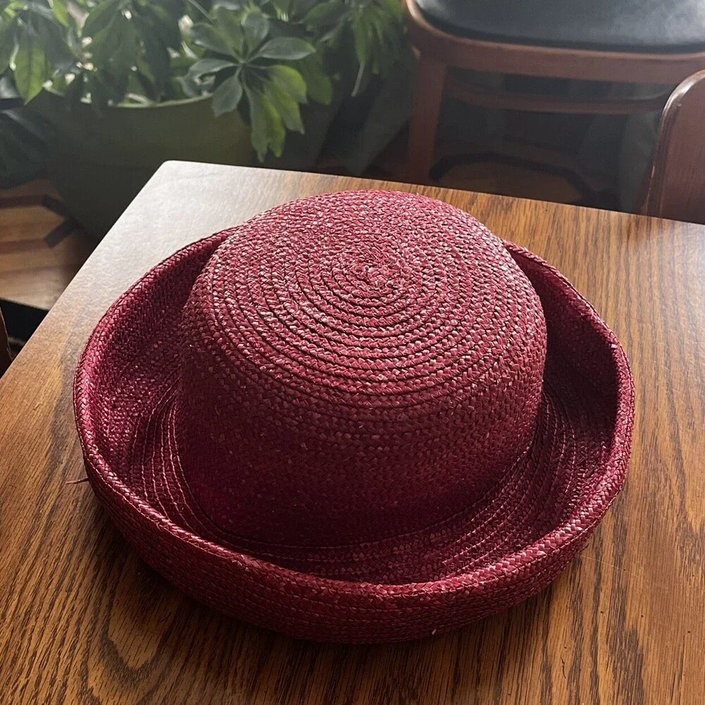 VTG Laura Ashley Italy Cloche Summer Rolled Brim 90s Red Pink Raffia Straw Hat
